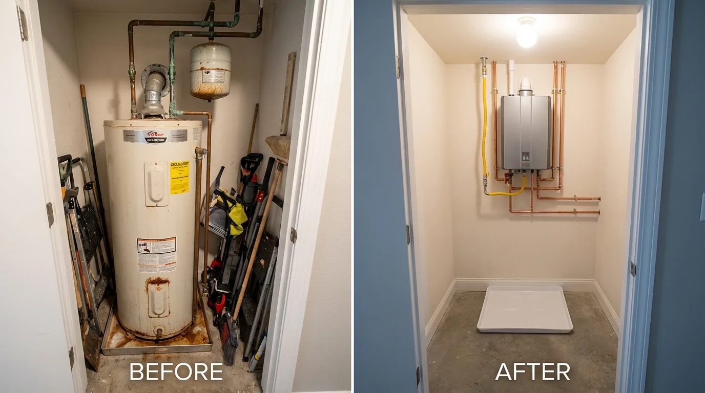 Tank water heater versus wall-mounted tankless unit comparison for Monticello, IA homeowners