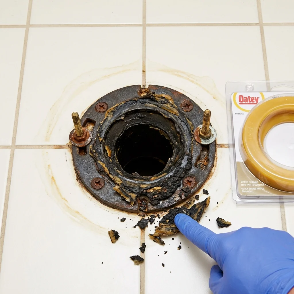 Failed wax ring showing water seepage at the base of a toilet in a Monticello, IA home