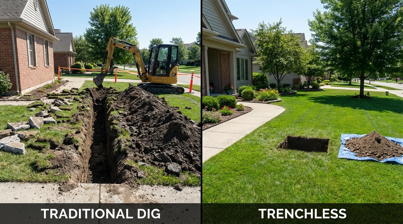 Trenchless sewer repair with minimal yard damage versus traditional excavation in Monticello, IA