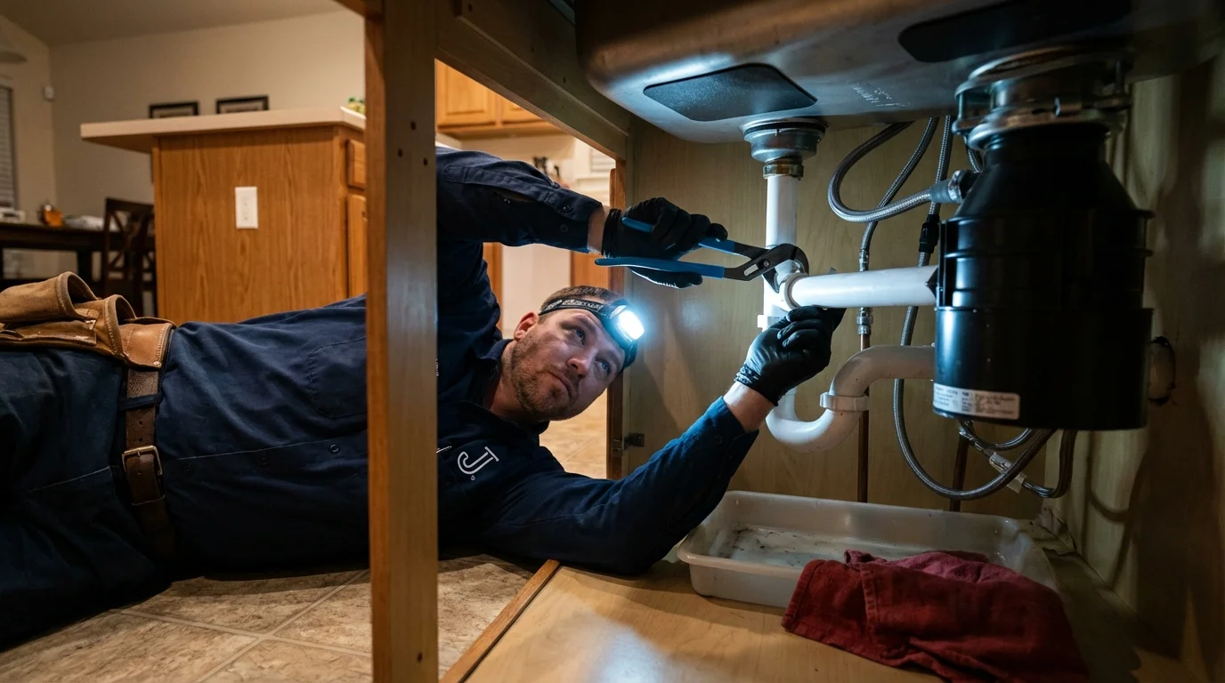 P-trap and supply line connections under a kitchen sink showing a common leak point in Monticello, IA